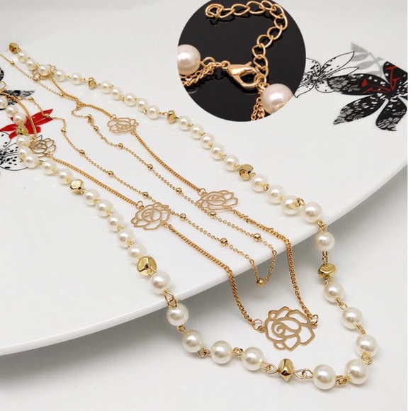 Multi Strand Rose Gold Lotus Flower Chain & Pearl 3 Row Waterfall Necklace - Picture 3 of 5